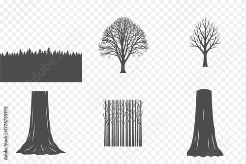 Collection of minimalist black silhouettes featuring trees, stumps, and forest outlines for design and illustration purposes.
