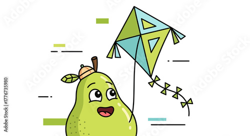 Comic Pear Character Enjoying The Sunny Breeze While Playing The Kite With Happiness