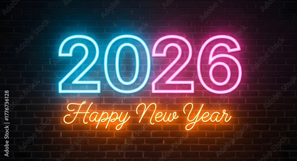 Obraz premium Bright neon 2026 happy new year sign on brick wall