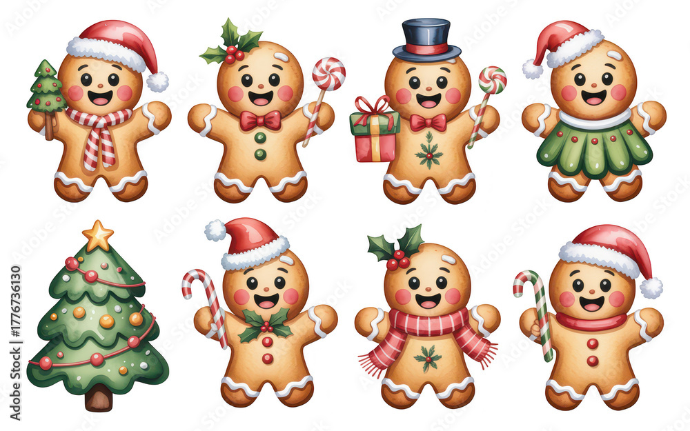 Obraz premium Cute gingerbread man and woman collection with christmas tree and candy canes isolated on transparent background