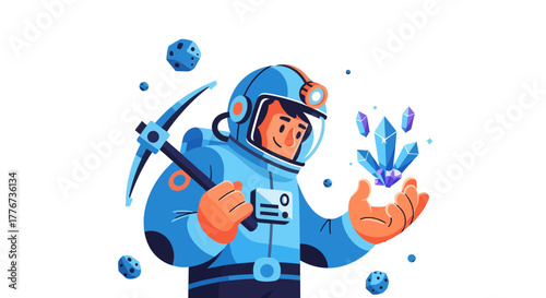 Cosmic Explorer Unearthing Shimmering Crystals With Futuristic Mining Equipment