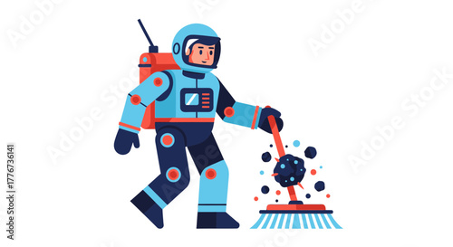 Cosmic Janitor: Astronaut Sweeping Space Debris With Innovative Clean-Up System