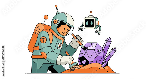 Cosmic Explorer Discovering Peculiar Crystal Formations With Robotic Companion in Universe