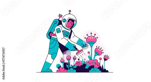 Cosmic Gardener Nurturing Alien Flora In An Imaginative And Futuristic Illustration