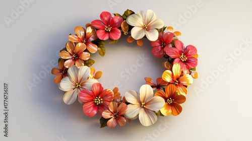 A ring of colorful flowers with green leaves lies on a plain surface. The flowers are red, orange, and white. AI.