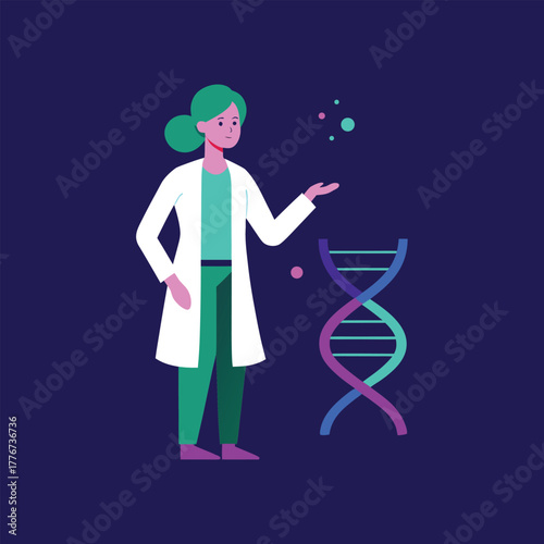 Illustration of a female scientist in a lab coat examining a vibrant, holographic DNA double helix, symbolizing genetic research and scientific discovery against a dark blue background