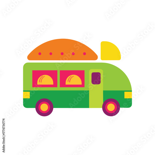 A flat design graphic of a cheerful food van, an isolated cartoon vehicle for catering and selling street food like tacos at urban events