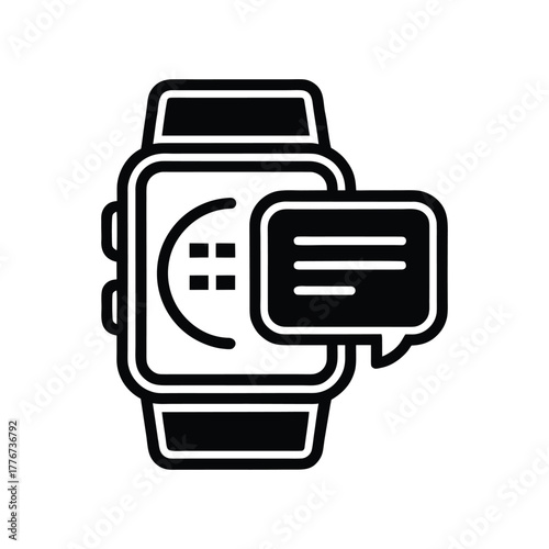 Flat line icon of a smartwatch receiving a message notification with a speech bubble, representing digital communication and connectivity