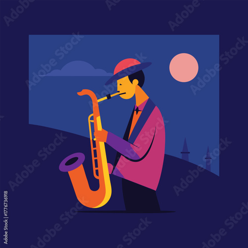 Illustration of a street musician playing the saxophone during dusk, with a full moon and silhouette of the city, vector illustration of a jazz musician at sunset