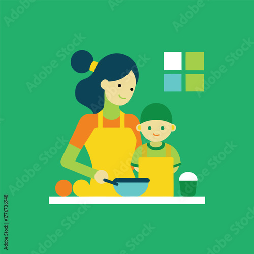 Cooking Delight: A mother and child share a joyful moment in the kitchen, preparing a meal together with love and care, surrounded by vibrant colors.