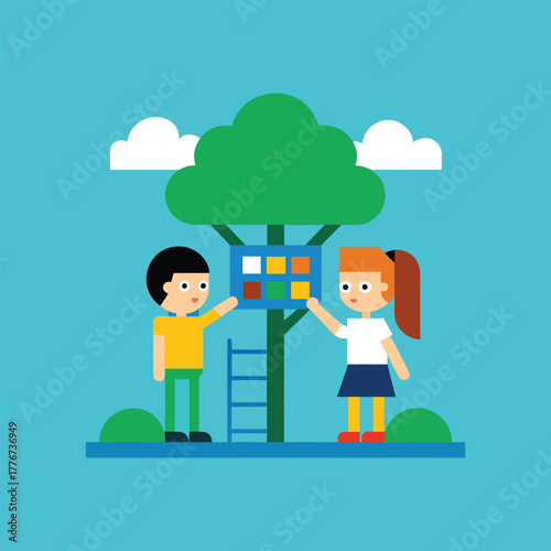 Two kids, a boy and a girl, collaborating on constructing a playhouse in a large green tree. A flat design vector illustration showing childhood friendship and creativity