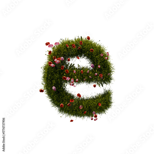 3D alphabetic grass and flower, Christmas wreath letter e lowercase