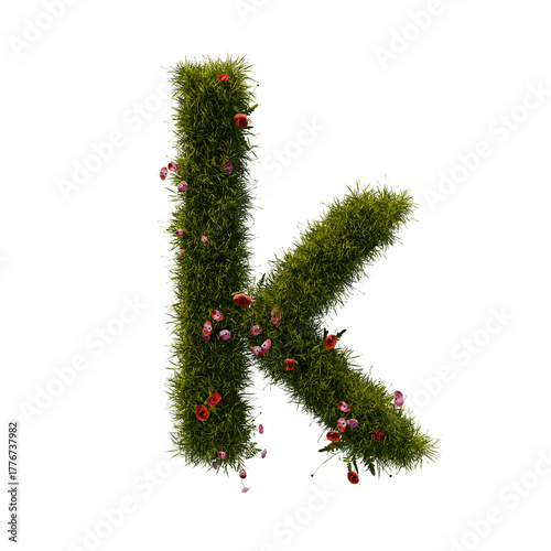 3D alphabetic grass and flower, Christmas wreath letter k lowercase