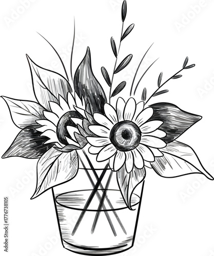 Hand drawn sketch of a sunflower bouquet in a glass vase