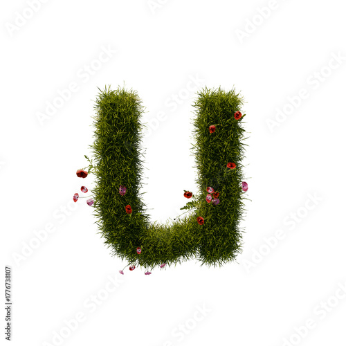 3D alphabetic grass and flower, Christmas wreath letter u lowercase