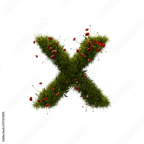 3D alphabetic grass and flower, Christmas wreath letter x lowercase