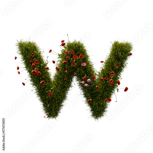 3D alphabetic grass and flower, Christmas wreath letter w lowercase