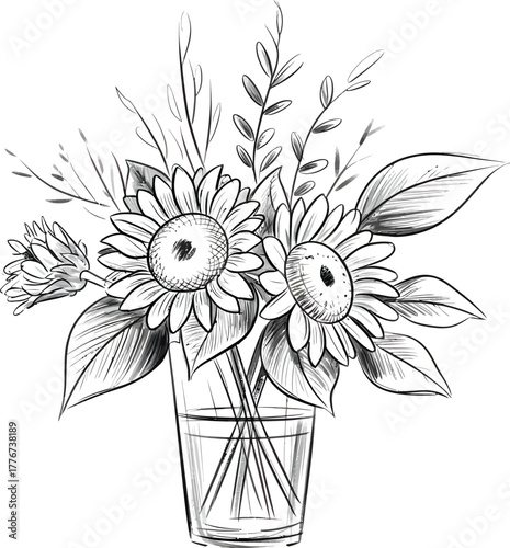 Hand drawn sketch of a sunflower bouquet in a glass vase