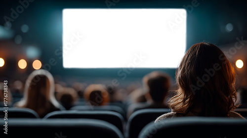 Audience watching a blank cinema screen, theater view from behind with transparent screen for design or video