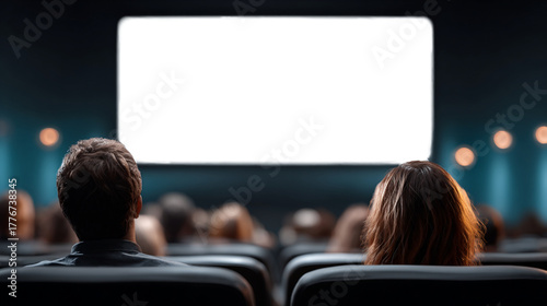 Blank movie screen in a cinema with audience seen from behind, PNG template with transparent area for media or design insertion
