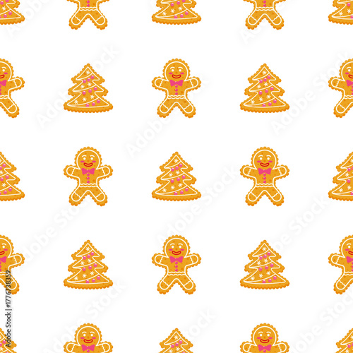 Christmas seamless pattern with gingerbread men and Christmas tree cookies on white. New Year holiday sweet dessert for wrapping paper design Vector illustration.