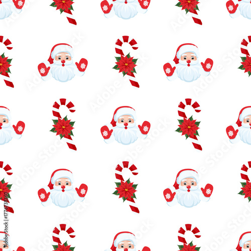 Seamless Christmas pattern with Santa Claus candy cane and poinsettia flower on white. New Year holiday background for wrapping paper design. Vector illustration