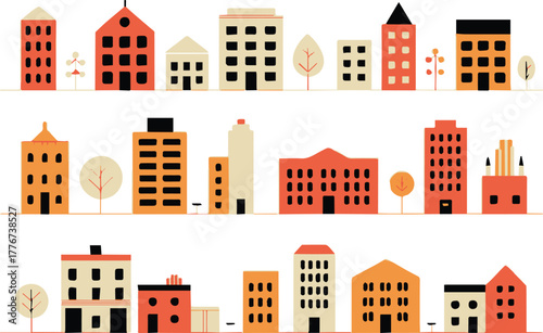 building illustration set three horizontal rows of simplified city facades vector