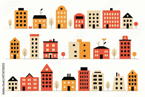 building city architecture row of stylized facades flat vector illustration pack