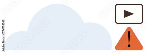 Cloud shaped icon with play button and alert triangle indicating warning, emphasizing data safety, media access. Ideal for technology, backup, error, data security, media alerts, storage warnings