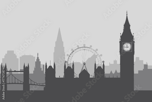 london skyline with bigben and tower bridge grayscale vector illustration