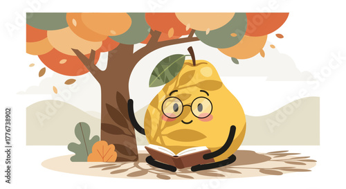 A Cheerful Pear Character Enjoying Reading Under Autumnal Tree Canopy