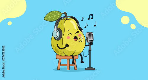 A Cheerful Pear Character Joyfully Singing Into a Microphone on a Stage