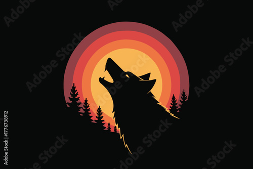 wolf vector logo howling silhouette sunset forest emblem