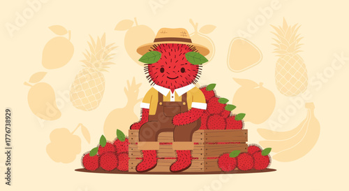 A Cheerful Rambutan Character Sits Amongst a Bounty of Freshly Harvested Fruit