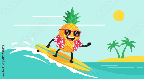 A Cheerful Pineapple Surfing on the Waves During Vacation under the Sun