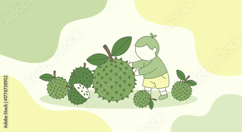 A Child Interacting With Soursop Fruits, Playful Illustration On a Green Background