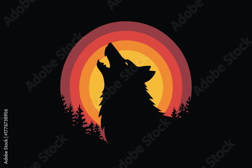 wolf icon silhouette howling sunset gradient forest landscape