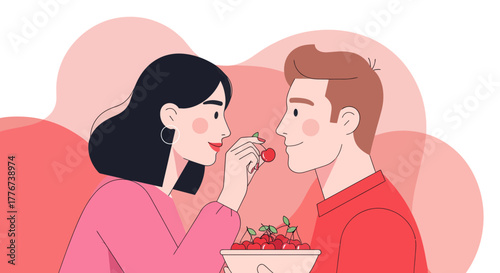 A Couple Shares Delicious Cherries, Symbolizing Love, Romance, and Affectionate Moments