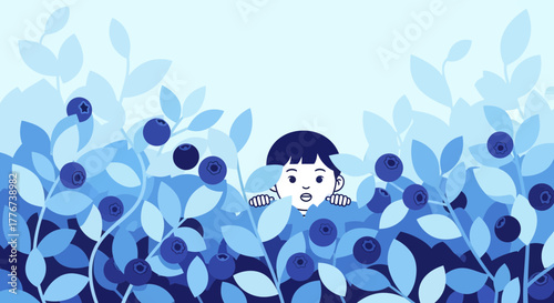 A Curious Child Hiding Behind Lush Blueberry Bushes In A Cheerful Artistic Illustration