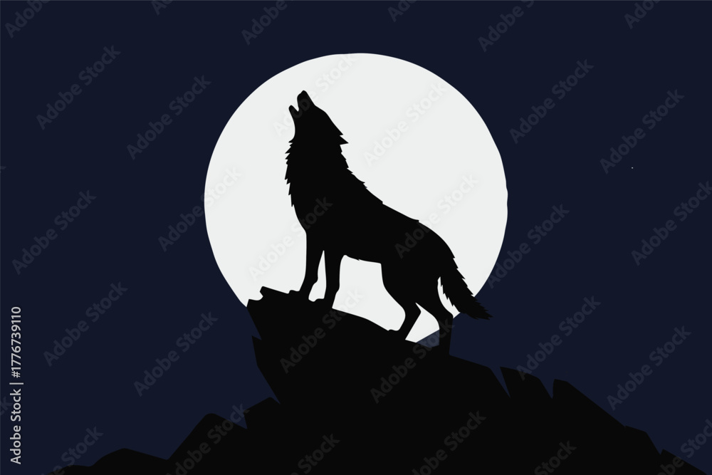 Fototapeta wolf howling silhouette against bright full moon over rocky mountain ridge