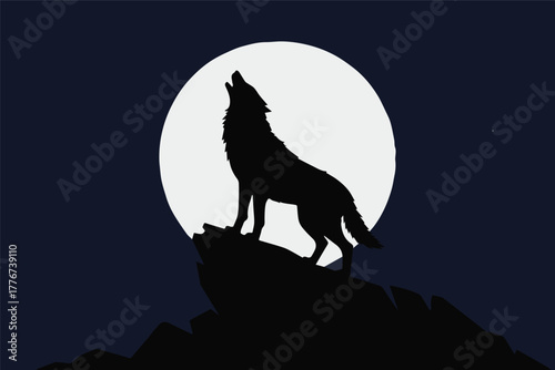 wolf howling silhouette against bright full moon over rocky mountain ridge