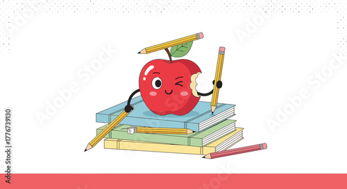 Charming Apple Mascot Surrounded By Pencils And Books Illustrating Education Concepts