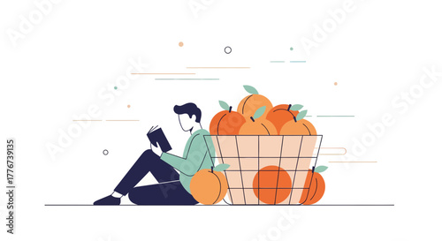 A Person Reads and Enjoys Fresh Peaches While Relaxing Outdoors Peacefully