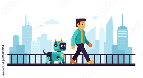 A Person Walks With a Robotic Pet Dog Within a Futuristic Cityscape Setting