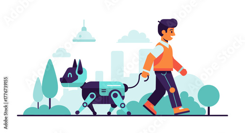 A Person Walking A Futuristic Robotic Dog In A Modern Urban Environment Setting