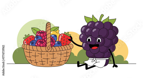 Cheerful Blackberry Mascot Sharing Berries from a Basket in delightful colorful illustration