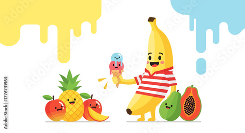 Cheerful Cartoon Fruits Enjoying Delicious Ice Cream Cones Against Artistic, Dripping Backdrops