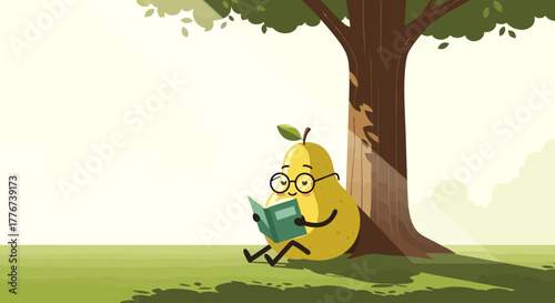 A Personified Pear Reads Under a Tree, Enjoying The Sunlight And Leisurely Moments