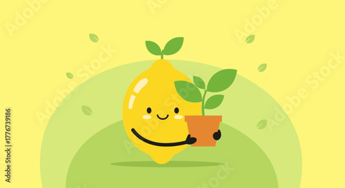 Cheerful Lemon Character Holding Plant And Smiling In Verdant Garden Scene