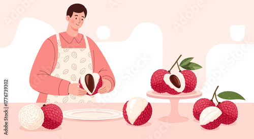 Chef Prepares Fresh Lychee for a Dessert Decorated on a Pink Table Minimal Illustration